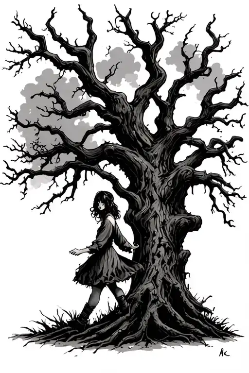 Girl In Tattered Clothes Walking To Dead Hallow Tree