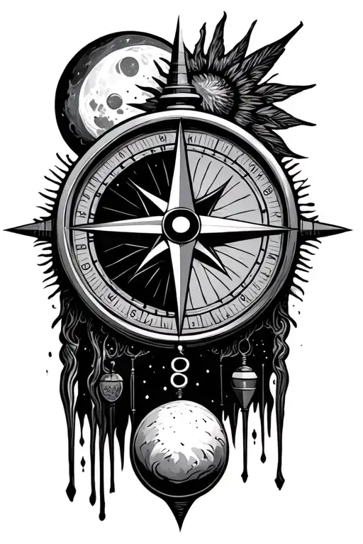 Compass With Pendulum Moon And Sun Fine Line