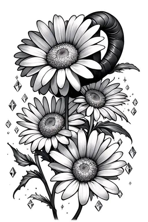 Daisy Flower With Aries Symbol And Diamonds Sparkles