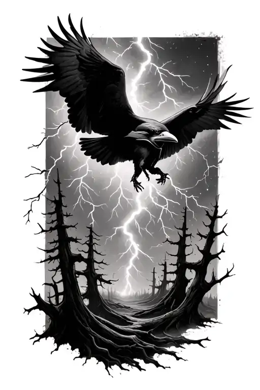Lightning Storm With Ravens Circling With Some Burned Down Trees