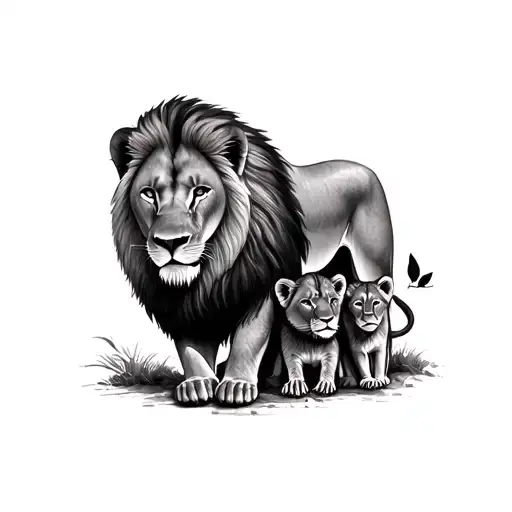 Lion Head With Lioness Protecting Her Cubs