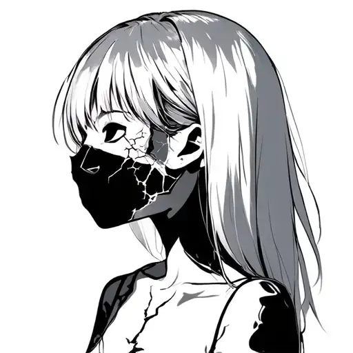 A Anime Girl With A Broken Porcelain Mask Side Profile