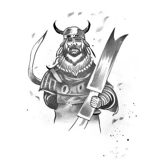 A Fierce Viking Chef Cooking Over A Fire With A Wolf And A Raven By Their Side