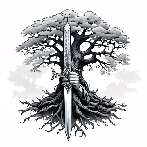 Arm Holding Sword Oak Tree
