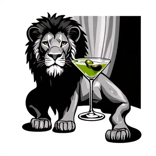 Lion Drinking A Martini With An Olive