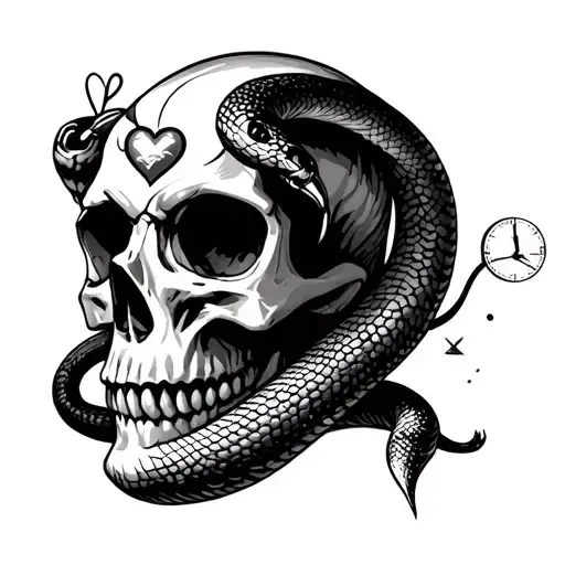 Skull With A Snake And A Heart And Sand Clock