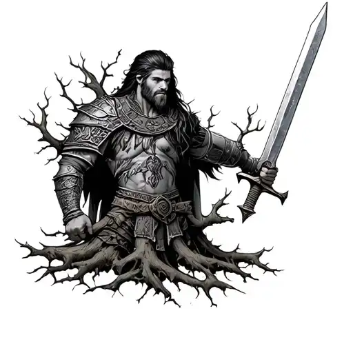 Warrior Holding Sword Oak Tree