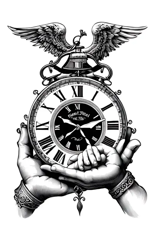 Hand Holding Child Hand With Clock And Veni Vedi Vici