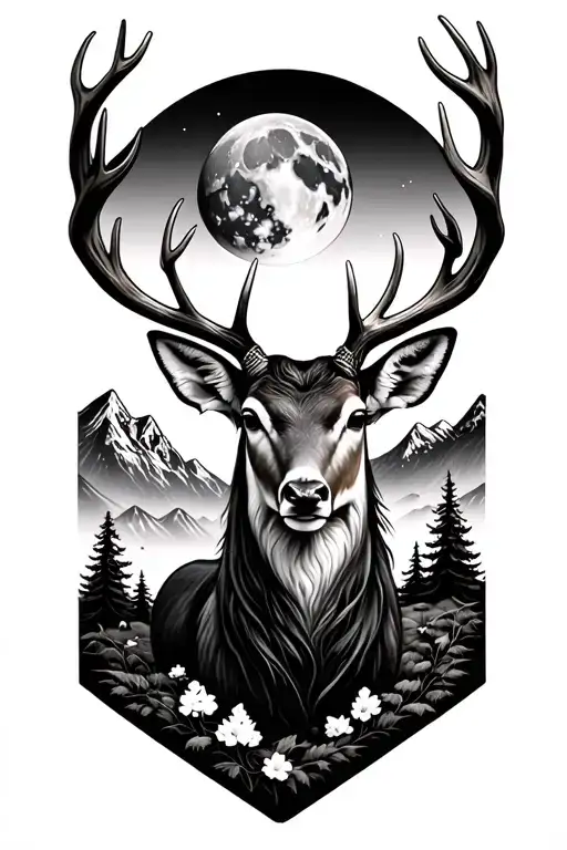 Mountain Range Full Moom Deer