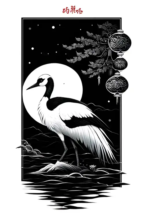 Japanese Crane With Moon And Ornaments