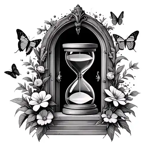 Doors With Hourglass And Flowers With Butterflies And Moths