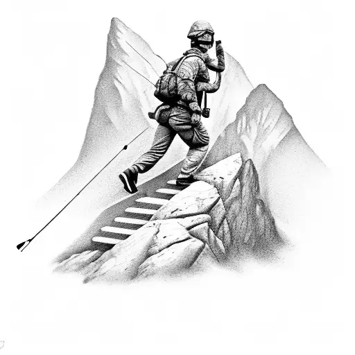 A Realistic Depiction Of A Soldier Climbing A Mountain With A Fishing Rod In Hand