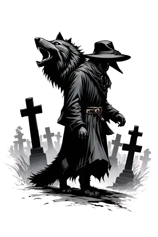 Plague Doctor Walking A Giant Black Wolf Howling In A Cemetery