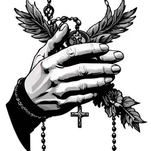 Hand Of Mary Praying With A Rosary And Symbol Of Resilience