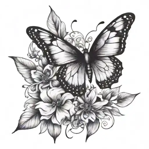 Sketch Of A Butterfly Tattoo With A Small Flower Arrangement In Black And White Colors
