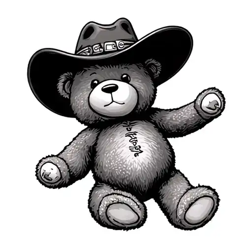 Fine Line Tattoo Of A Stamp Of A Teddy Bear With A Cowboy Hat