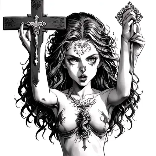 Demon Girl Holding An Upside Down Crucifix And Liking It