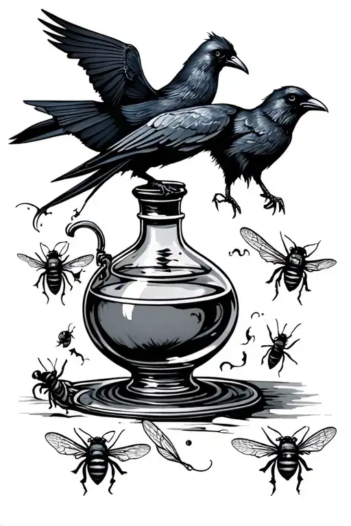 Witch Brewing Potions Bottle With Raven & Bees