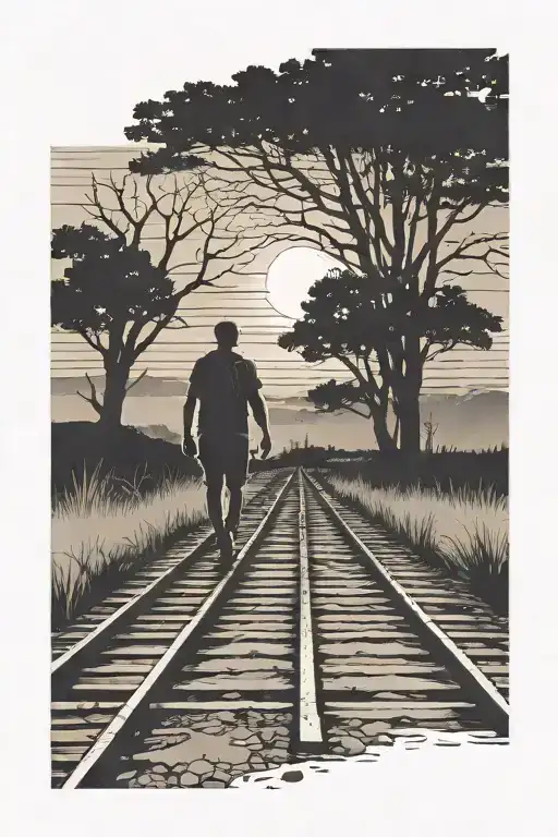 Silhouette Of Man Walking On Railroad Tracks Walking To Sunset