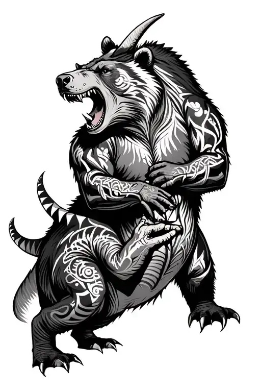 Fierce Bear Fighting A Triceratops Surrounded By Tribal Design Ripped Skin