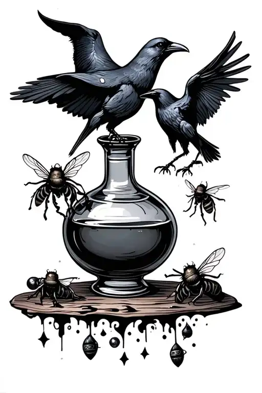 Witch Brewing Potions Bottle With Raven & Bees
