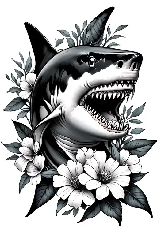 Great White Shark With Flowers Blooming