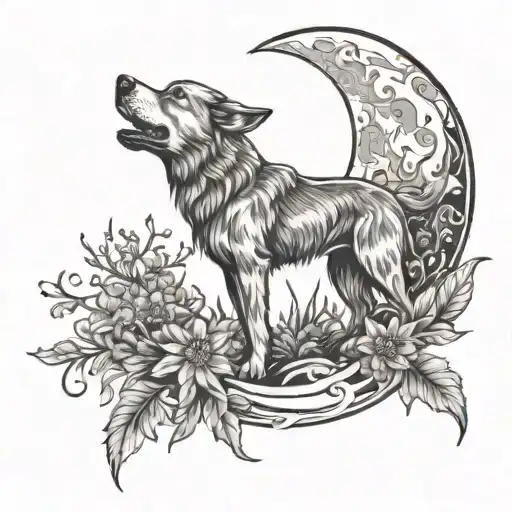 A Tattoo Of A Dog Howling At The Moon With Wildflowers Blooming Around It