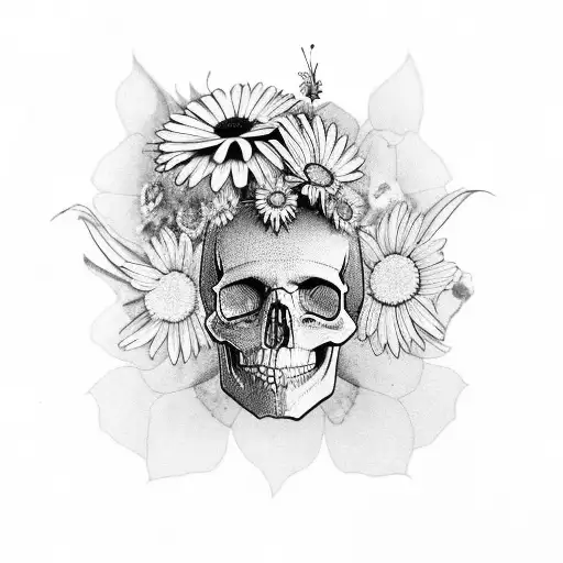 Skull With Daisies For Eyes And A Monarch Butterfly On Top Of The Head