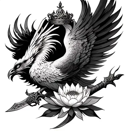 Phoenix With A Crowned Lotus Flower And A Chinese Dagger