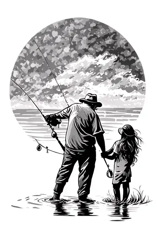 Grandpa And Granddaughter Fishing Silouhette Looking