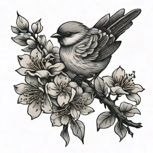 Cute Bird And Sakura Tree Flowers Blooming