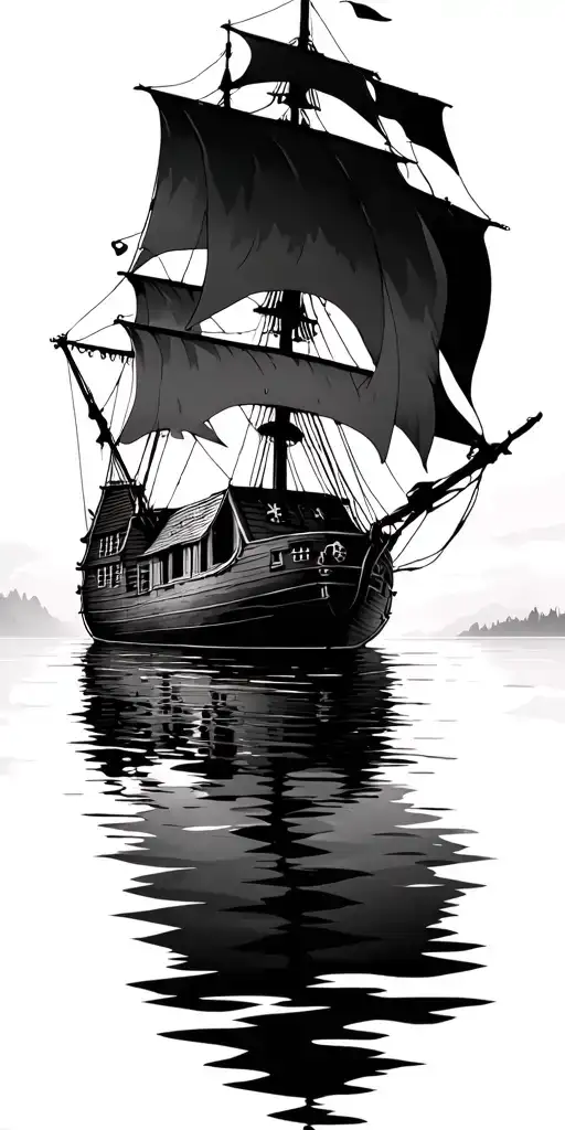 Pirate Ship On Water With Cabin Infront