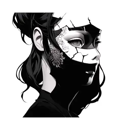 A Anime Girl With A Broken Porcelain Mask Side Profile