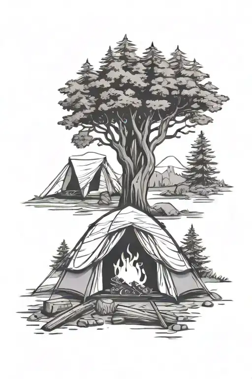 Tent Camping With Trees And Campfire Scene