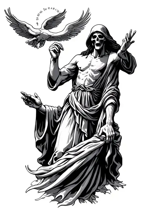 Grim Reaper Shaking Jesus Hand Reaching Towards The Heavens