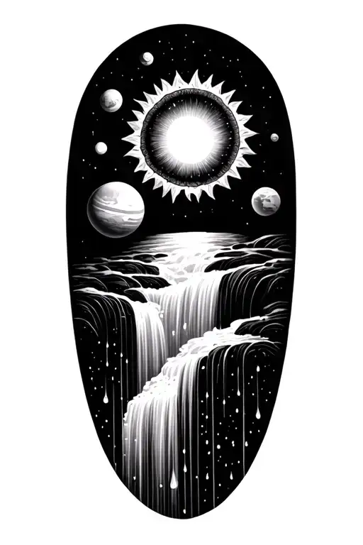 A Sun Surrounded With Planets That Turns Into A Waterfall With Rain Drops At The Bottom