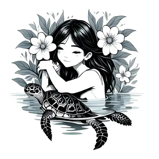 Flowers And Water With Turtle Hugging Girl Animated