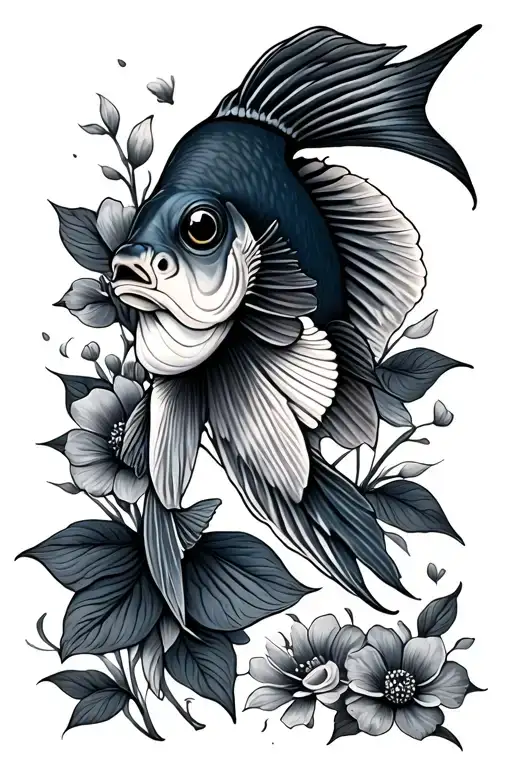 Petty Coi Fish With A Little Bit Of Flowers