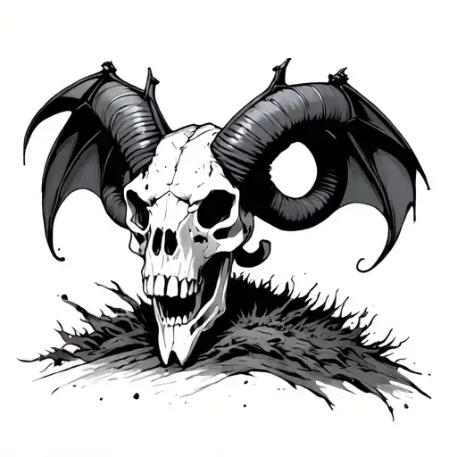 Ram Skull With Skeleton Bat Standing On Top