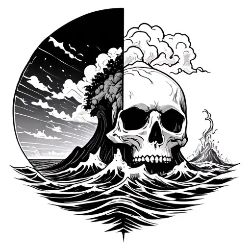 Half Skull Ocean Waves And Half Skull Volcano And Lava In An Island