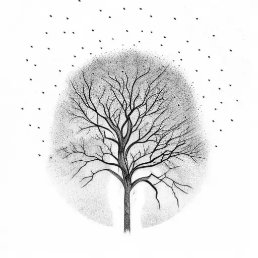 A Black-grey Tattoo Of A Tree With Branches Forming Constellations Against A Night Sky