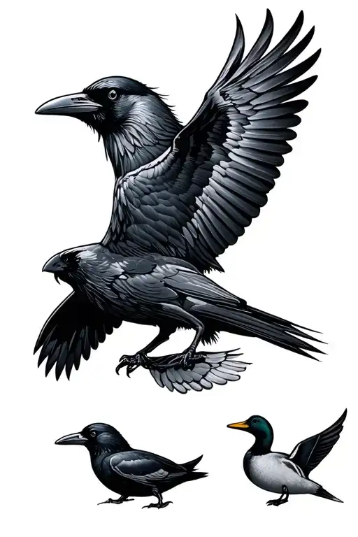 Simple Tattoo Including Raven And Duck Flying
