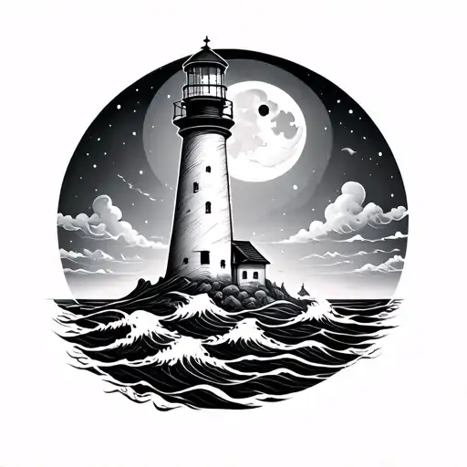 Fine Line Lighthouse Tattoo With Small Waves And A Moon