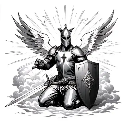 Heaven Rays Clouds Templar Kneeling Knight With Sword And Shield With Phoenix In Back Ground
