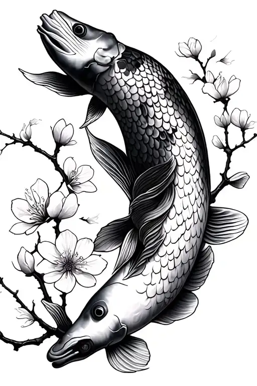 Cherry Blossom Branch With Koi Fish
