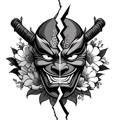 One Oni Mask Cut In Half With A Katana Blade In The Middle Of The Crack And Flowers On The Sides