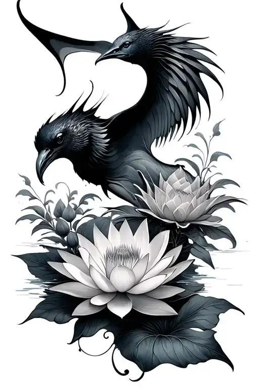 Manta Ray And Phenix And Lotus Flower