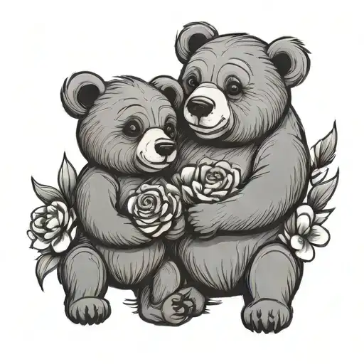 Cartoon Mama And Baby Bear With Carnation Flower