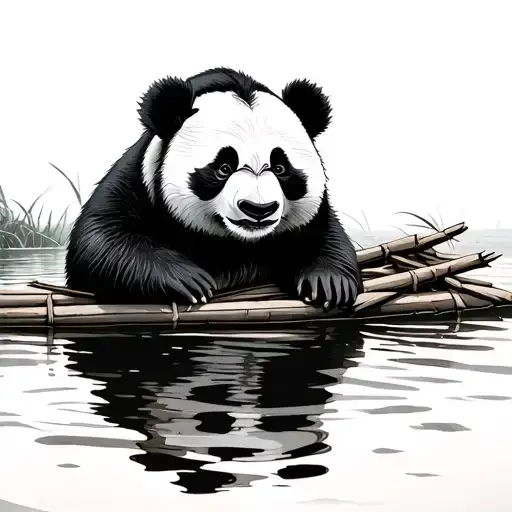 Adult Panda With Bamboo Raft Floating