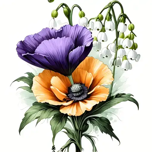 Lily Of The Valley Flower With A Violet Flower And A Poppy And A Marigold